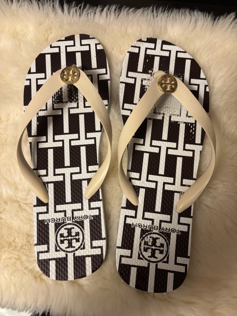 Tory Burch Black & Ivory Geometric Logo Flip Flops